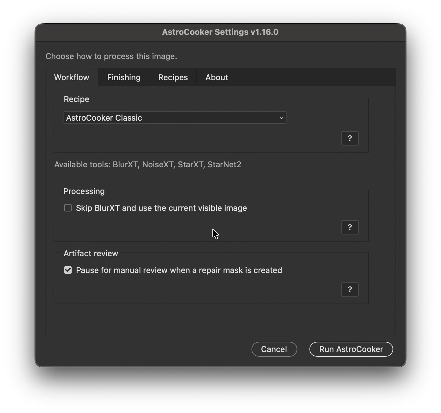 AstroCooker Settings dialog