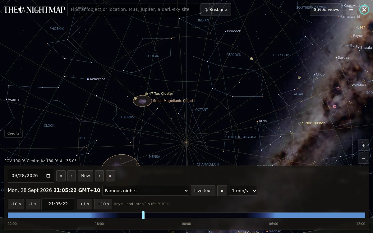 The Nightmap Planetarium showing the Milky Way, Small Magellanic Cloud and Tucana constellation from Brisbane, with the date/time controls and Famous nights menu along the bottom