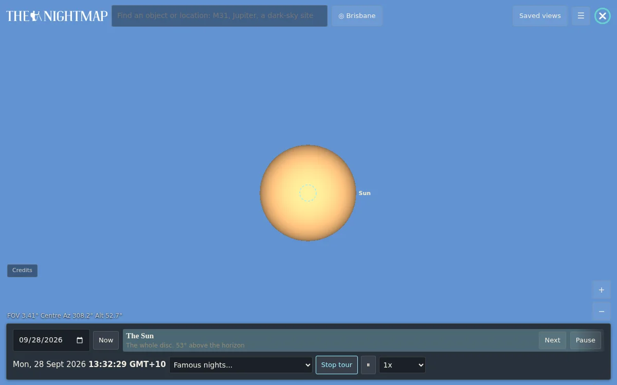 The Nightmap Planetarium's live tour showing the Sun, with a caption reading 'The Sun: the whole disc, 53 degrees above the horizon' and Next, Pause and Stop tour buttons