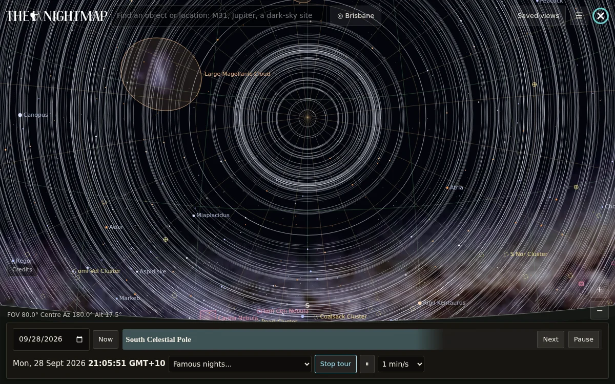 The Nightmap Planetarium mid star-trail spin around the South Celestial Pole, showing concentric circular star trails and the Milky Way with the Large and Small Magellanic Clouds
